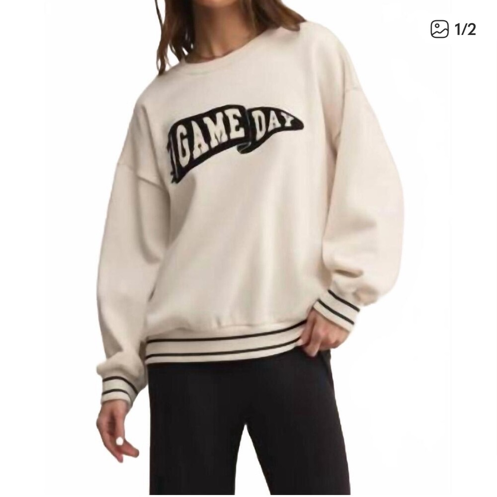 Z Supply Cream Crewneck Lets Go Sweatshirt with Contrast Stripes